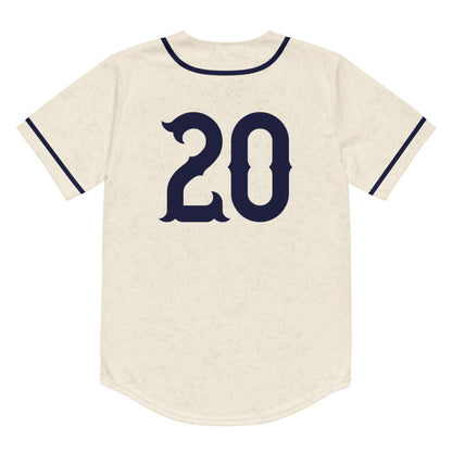 Homestead Grays white button-up jersey back. Pinstripes navy around neck and down either side of buttons. Blue stripes around sleeve ends. #20 in blue large on back. Royal Retros.