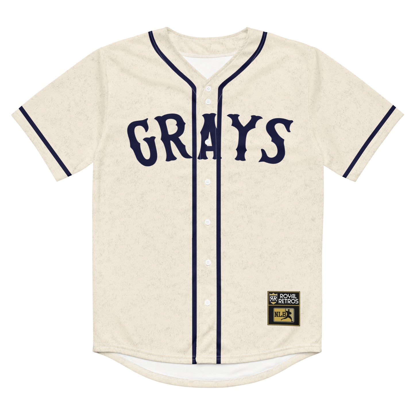 Homestead Grays white button-up jersey. Pinstripes navy around neck and down either side of buttons. Blue stripes around sleeve ends. Grays in blue across chest. Royal Retros.