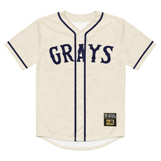 Homestead Grays white button-up jersey. Pinstripes navy around neck and down either side of buttons. Blue stripes around sleeve ends. Grays in blue across chest. Royal Retros.