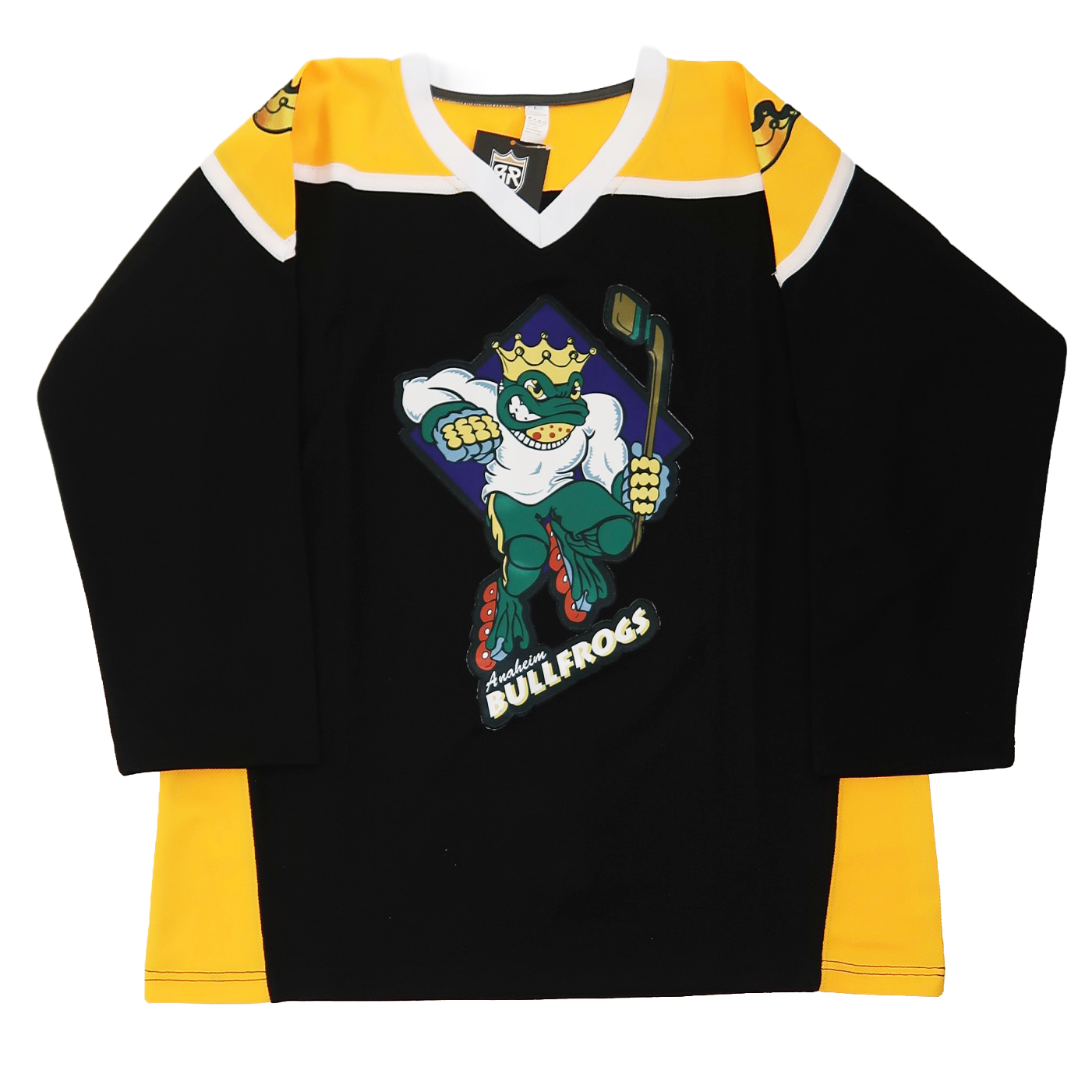 Anaheim Bullfrogs hockey jersey. Black. Yellow shoulders with white trim. White collar. Cartoon frog on skates holding hockey stick. Anaheim small in white under skates, Bullfrogs large in white below. Royal Retros