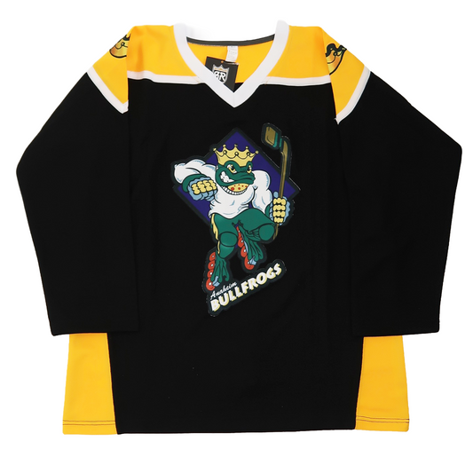 Anaheim Bullfrogs hockey jersey. Black. Yellow shoulders with white trim. White collar. Cartoon frog on skates holding hockey stick. Anaheim small in white under skates, Bullfrogs large in white below. Royal Retros