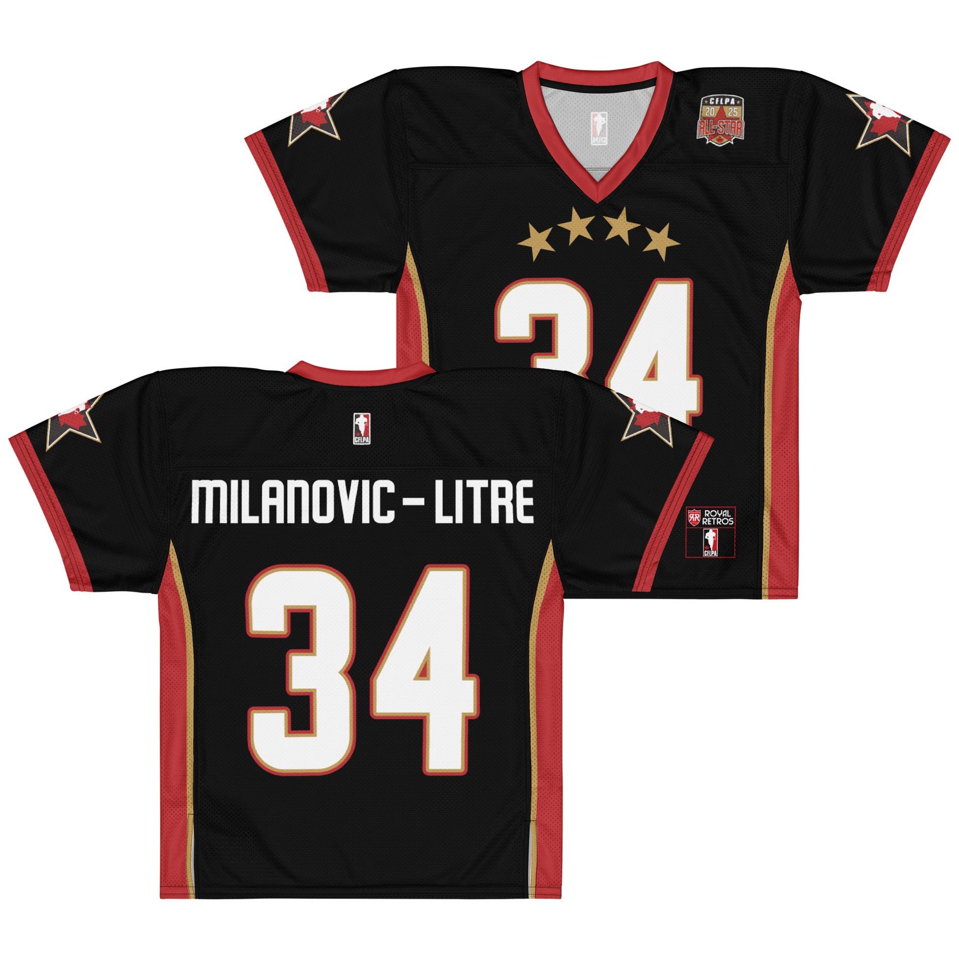 2025 CFLPA All-Star Replica Jersey. Black. Front and Back. Red collar and sleeve ends. Four gold stars over large white name over large white numerals with red trim. Gold, red, and gold stripes up sides. Royal Retro