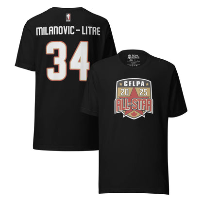 2025 CFLPA All Star Player T-Shirt. Black. Back upper right. Name in large letters across top of back in white. Large white numerals with red trim, below. Front, lower right. Shield with white trim. Inside is CFLPA in white over black with two gold stars on either side. Large star on gold background in shield below, with 20 in white on one side of point, 25 on right. ALL-STAR in red with white and black trim across bottom part of shield, red maple leaft at bottom of shield. Royal Retros