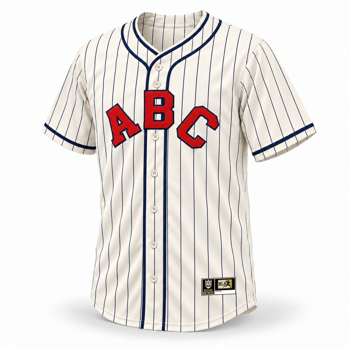 Atlanta Black Crackers ABC NLB jersey, cream with navy pinstripes, red ABC lettering with navy outline, front three-quarter view.