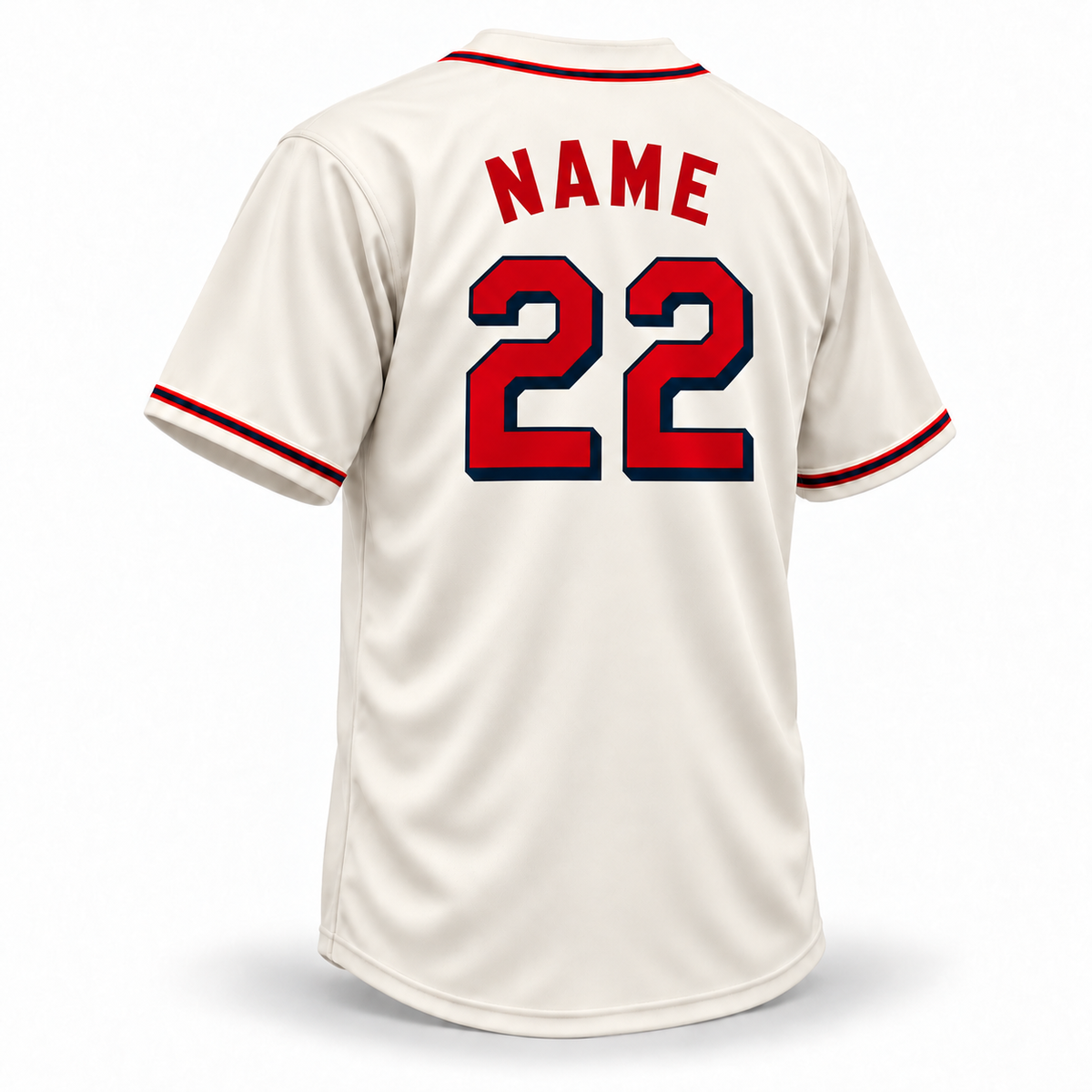 Atlanta Black Crackers cream NLB jersey back mockup, solid red arched NAME and large red number 22 with navy outline, corrected rear collar.