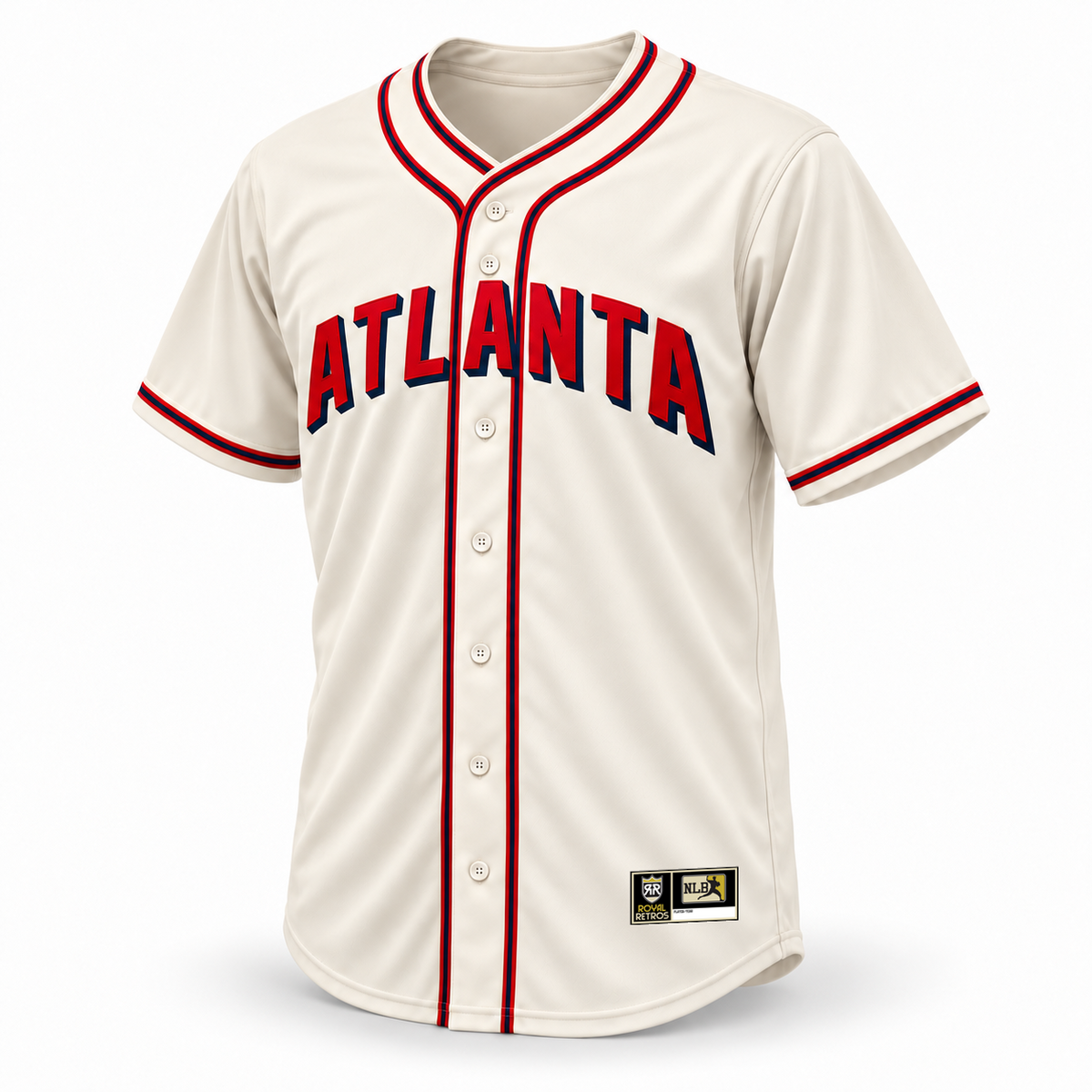 Atlanta Black Crackers cream NLB jersey front mockup, red ATLANTA lettering with navy shadow, continuous crossover piping and original NLB jock tag.