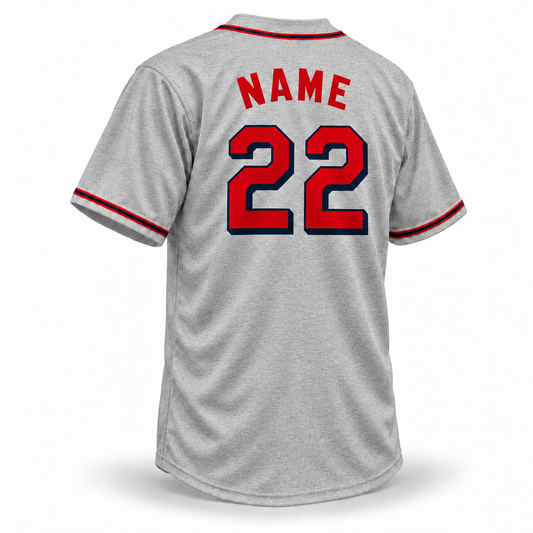 Atlanta Black Crackers gray wool-pattern NLB jersey back mockup, solid red arched NAME and large red number 22 with navy outline.