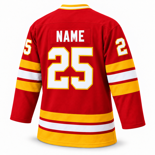 Atlanta Flames red hockey jersey, back view, solid white NAME and white number 25 outlined in gold.