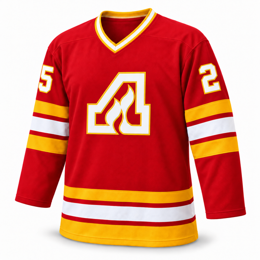 Atlanta Flames red hockey jersey, V-neck front view, white flaming A crest, number 25 sleeve digits and no captain patch.