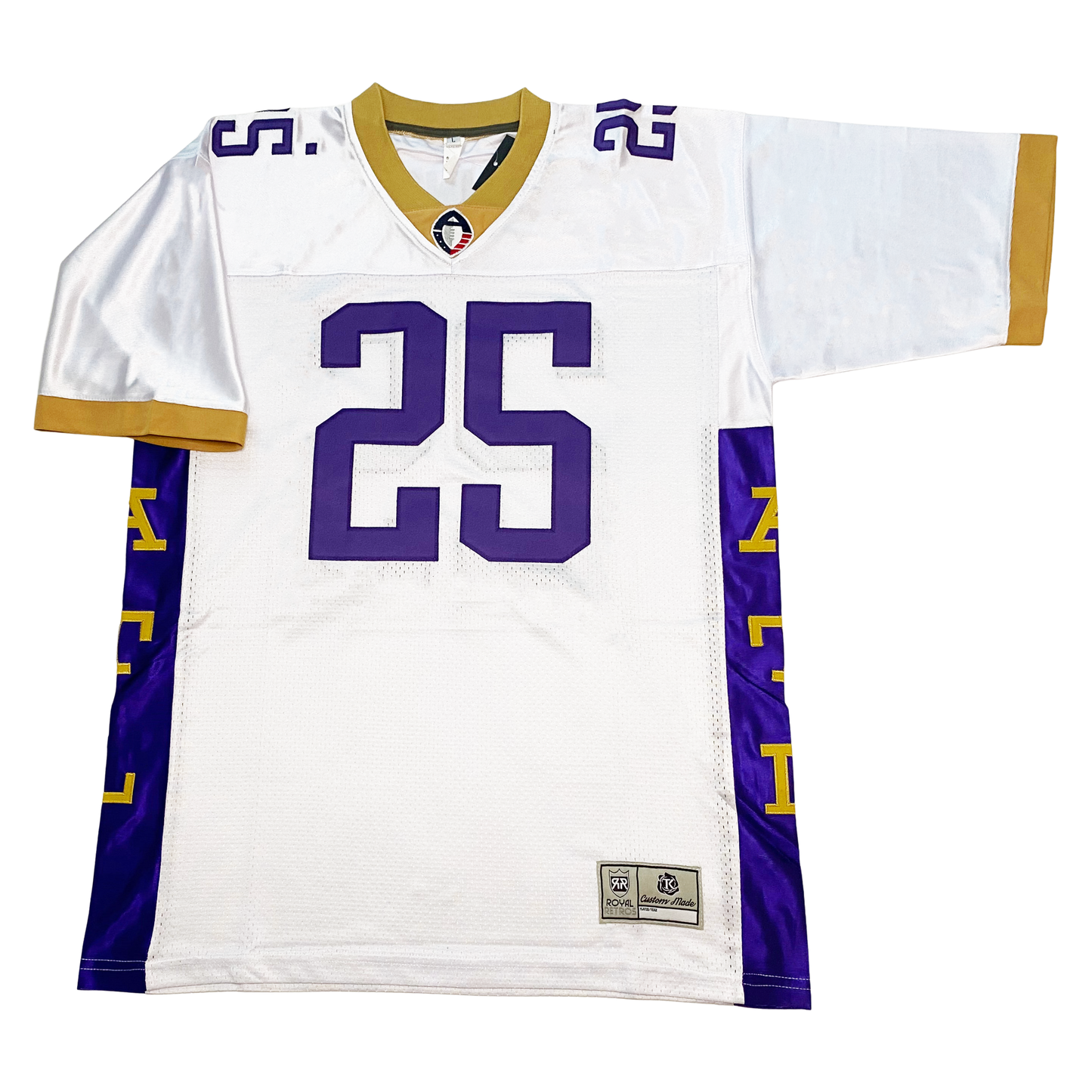 Atlanta Legends Jersey - AAF - White. Blue band down sides with A T L in gold. Gold collar with gold sleeve ends. #25 in blue on chest and shoulders. Royal Retros