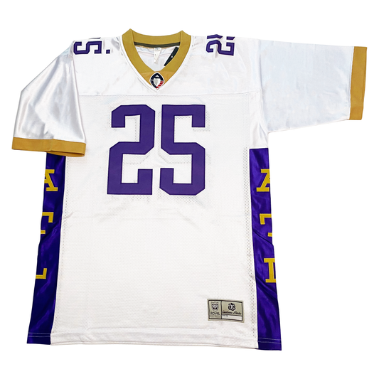 Atlanta Legends Jersey - AAF - White. Blue band down sides with A T L in gold. Gold collar with gold sleeve ends. #25 in blue on chest and shoulders. Royal Retros