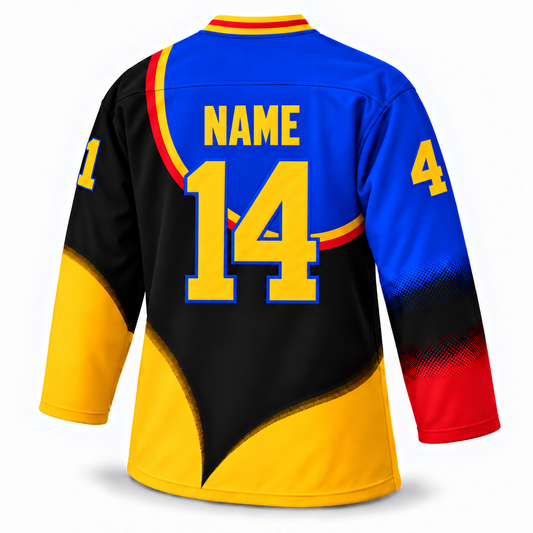 Austin Ice Bats black, royal blue and gold jersey back, NAME and number 14