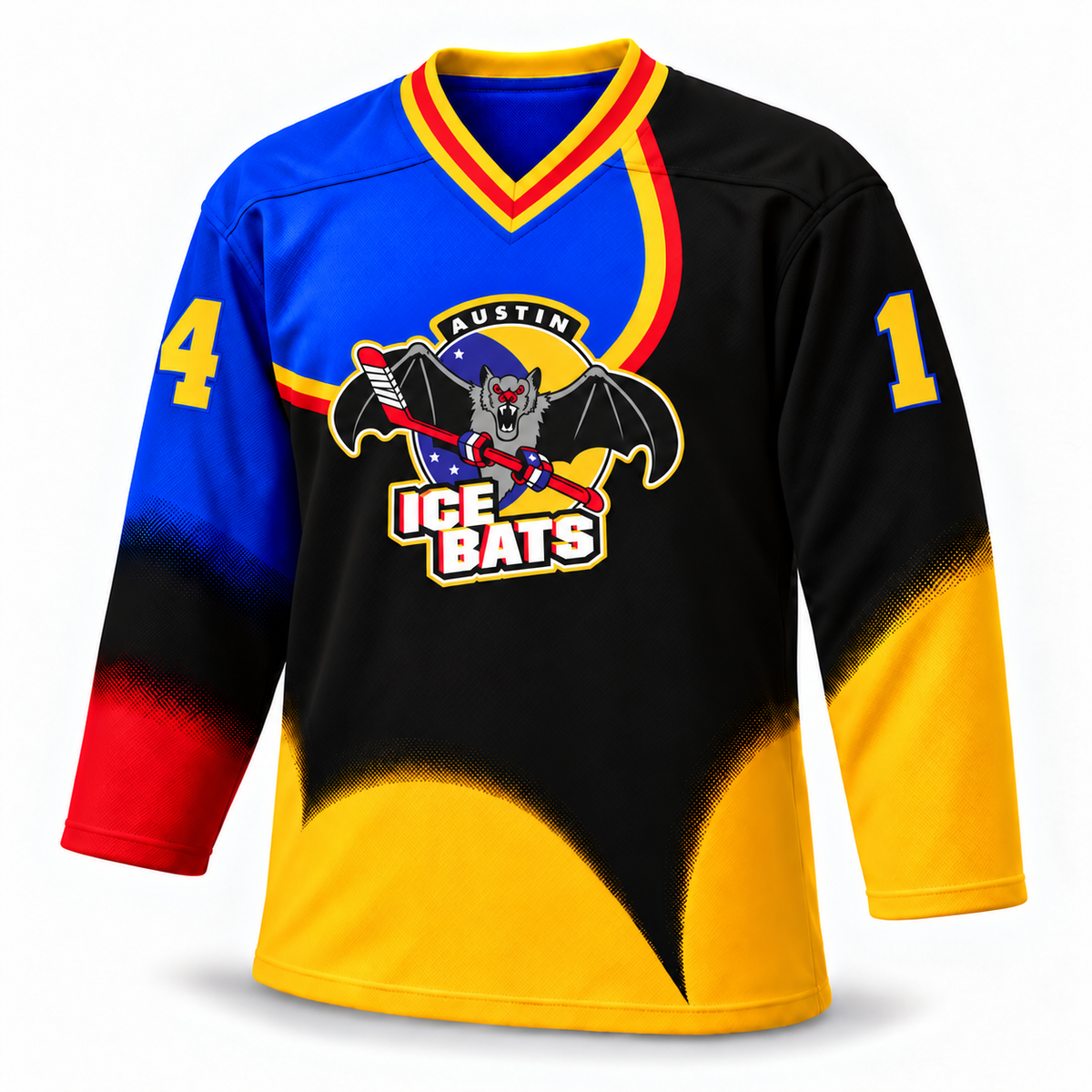 Austin Ice Bats black, royal blue and gold jersey front, number 14