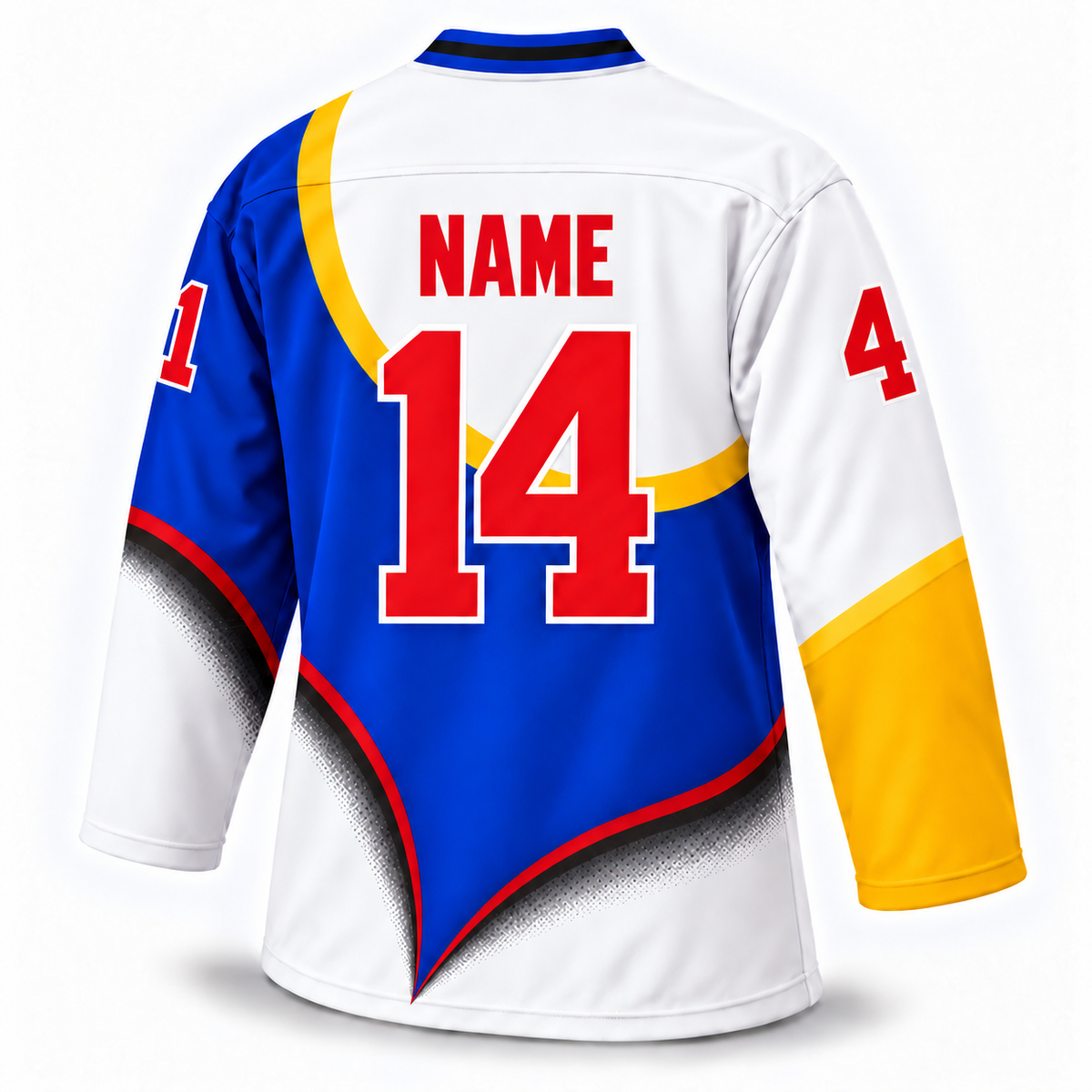 Austin Ice Bats white, royal blue and gold jersey back, NAME and number 14
