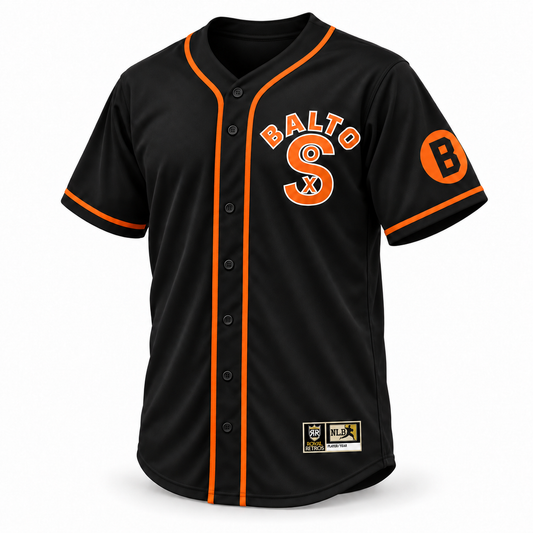 Baltimore Black Sox NLB Remix Jersey — black front with orange and white BALTO SOX logo, single orange lower collar piping, and B sleeve patch