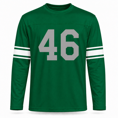 Baltimore Colts AAFC Jersey. Green long sleeve. Two white stripes on each forearm. Silver-gray #46 large on the chest.