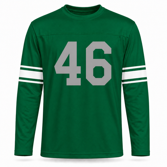 Baltimore Colts AAFC Jersey. Green long sleeve. Two white stripes on each forearm. Silver-gray #46 large on the chest.