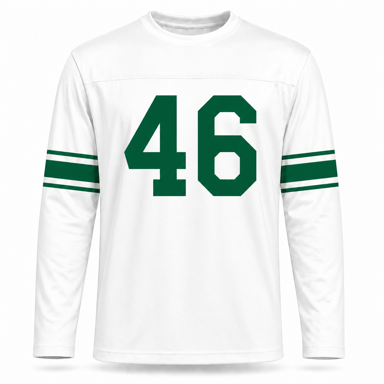 Baltimore Colts AAFC Jersey. White long sleeve. Two green stripes on each forearm. Green #46 large on the chest.
