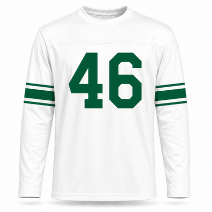 Baltimore Colts AAFC Jersey. White long sleeve. Two green stripes on each forearm. Green #46 large on the chest.