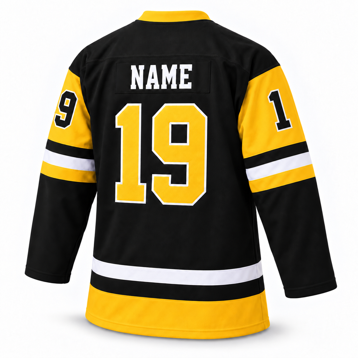 Baltimore Skipjacks black hockey jersey — back mockup, number 19, NAME personalization. Royal Retros.