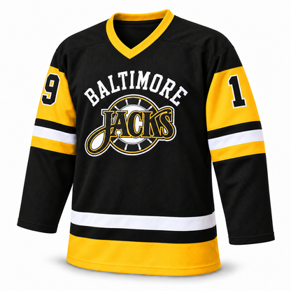 Baltimore Skipjacks black hockey jersey — front mockup, number 19. Royal Retros.