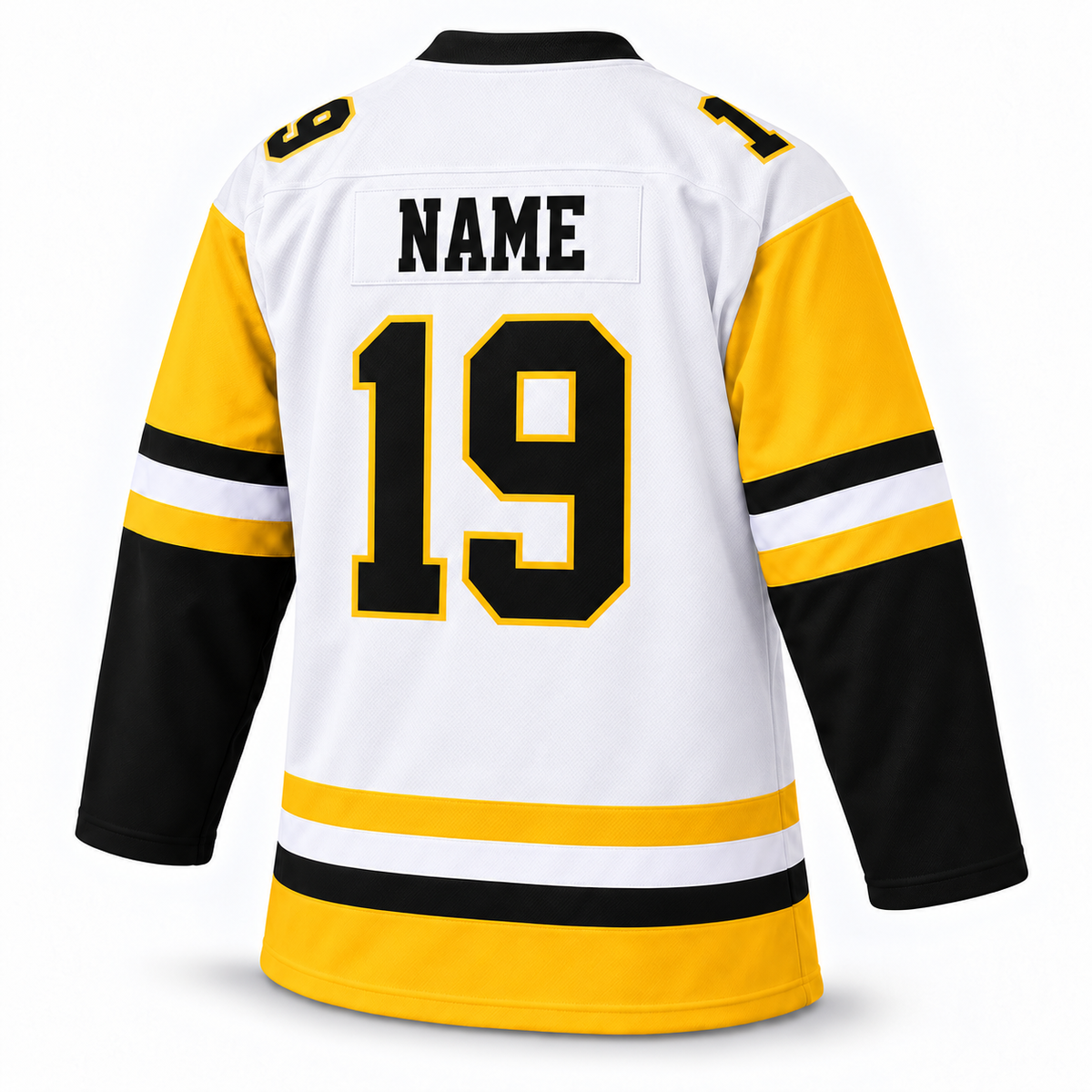 Baltimore Skipjacks white hockey jersey — back mockup, number 19, NAME personalization. Royal Retros.