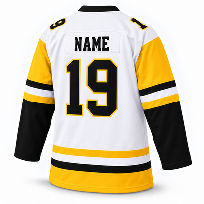 Baltimore Skipjacks white hockey jersey — back mockup, number 19, NAME personalization. Royal Retros.