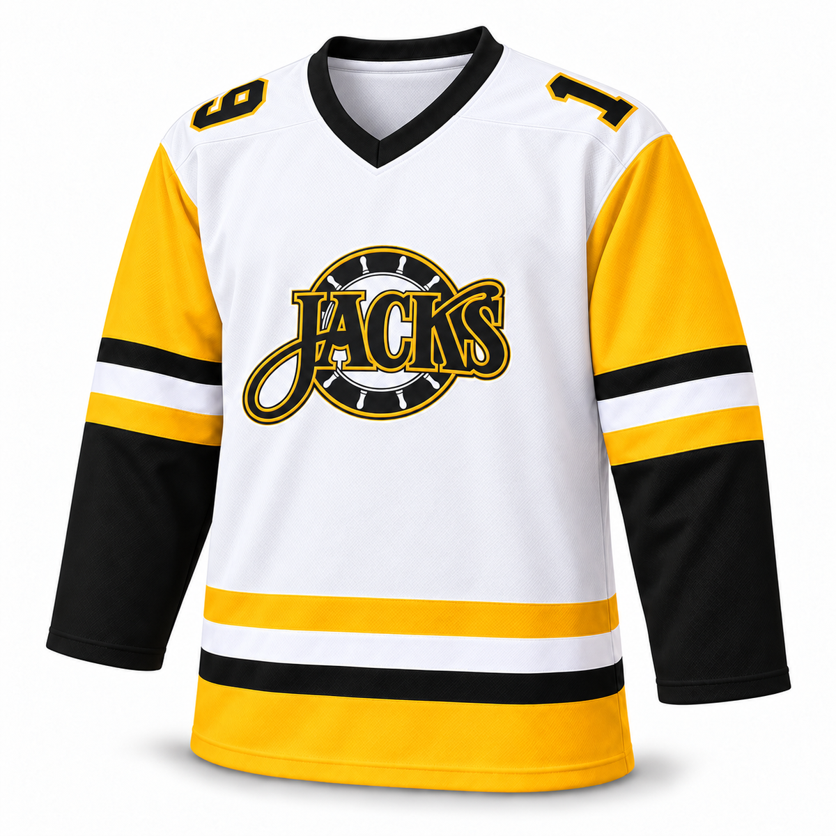 Baltimore Skipjacks white hockey jersey — front mockup, number 19. Royal Retros.