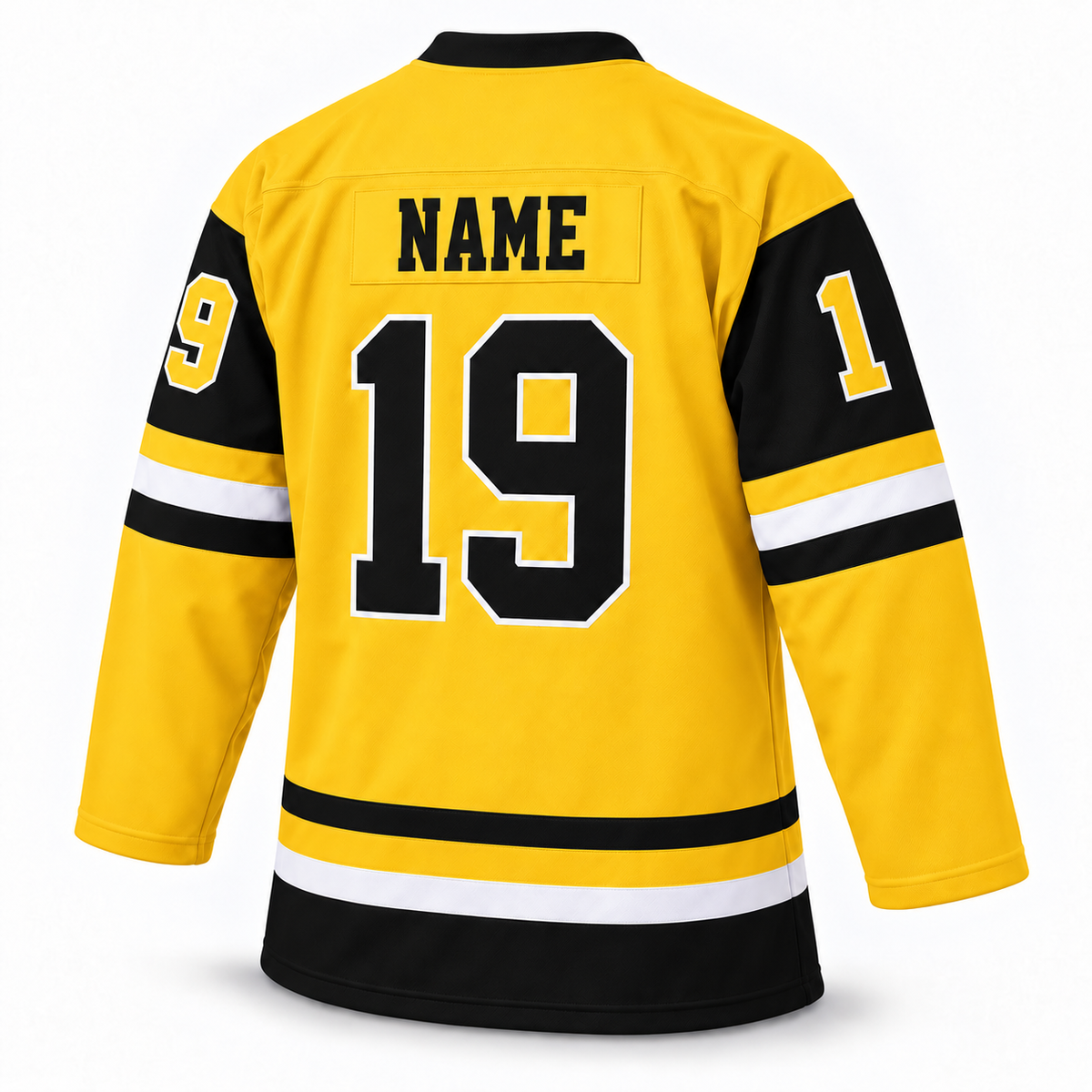 Baltimore Skipjacks yellow hockey jersey — back mockup, number 19, NAME personalization. Royal Retros.