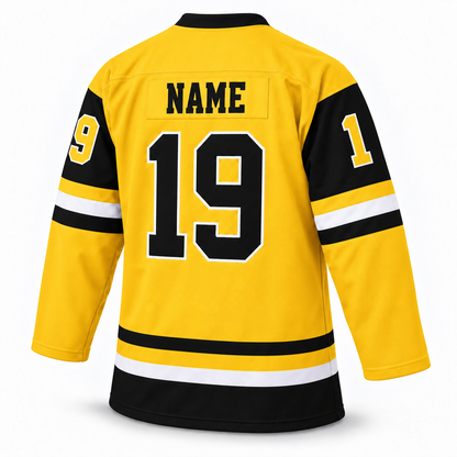 Baltimore Skipjacks yellow hockey jersey — back mockup, number 19, NAME personalization. Royal Retros.
