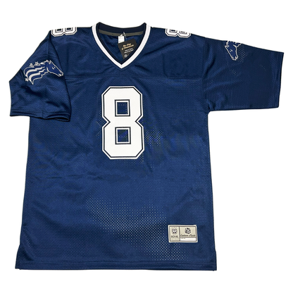 Baltimore Stallions football jersey. Blue. White collar, Stallion head with white detail and stars small on shoulder. #8 large in white with white outline on chest, small on shoulders. Royal Retros