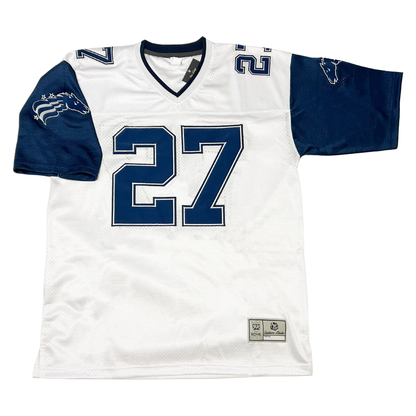 Baltimore Stallions football jersey. White Blue collar and sleeves Stallion head with white detail and stars small on shoulder. #27 large in blue with blue outline on chest, small on shoulders. Royal Retros