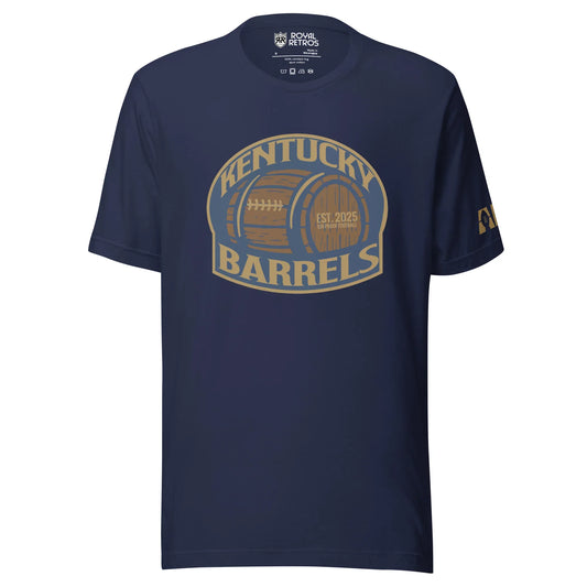 Kentucky Barrels AF1 football T-shirt. Navy. Logo on chest is a rounded square with Kentucky in gold arched over a barrel, with Barrels underneath. Shape is outlined in gold. Royal Retros