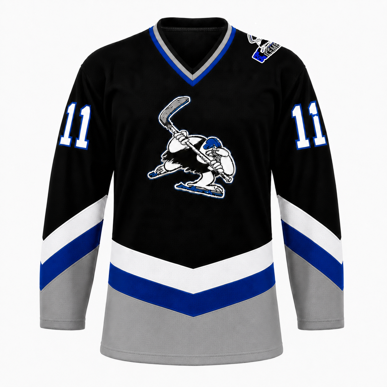 B.C. Icemen hockey jersey front in black with grey lower body, blue and white chevron striping, and the cartoon penguin mascot crest at center chest