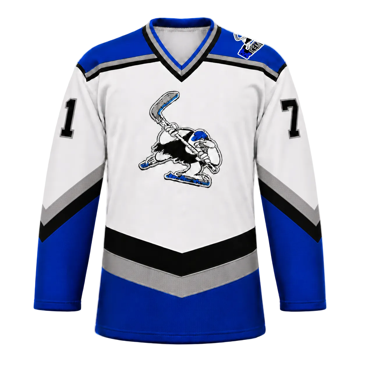 B.C. Icemen hockey jersey front in white with royal blue shoulders and lower body, black and grey chevron striping, and the cartoon penguin mascot crest at center chest