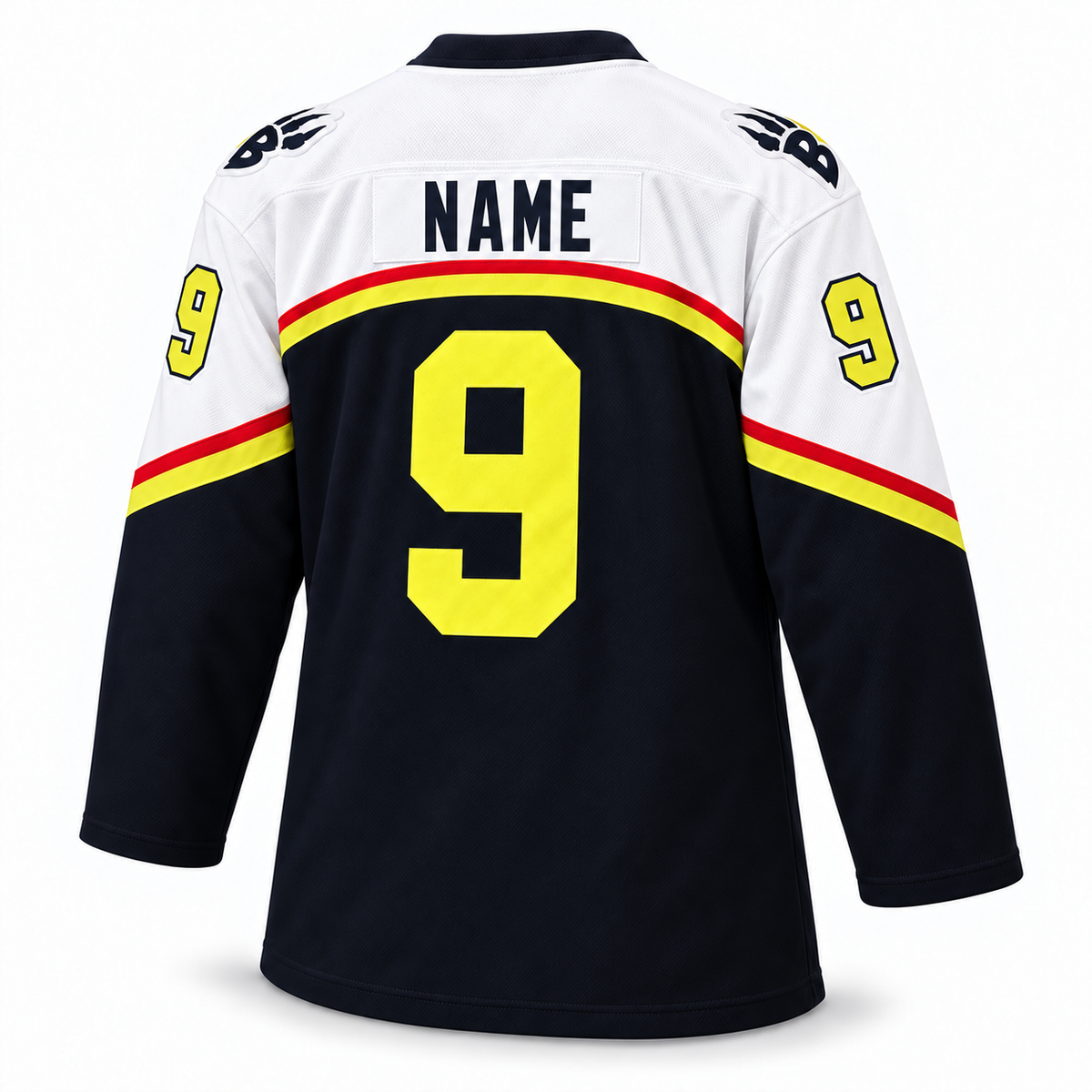 Beast of New Haven dark jersey back with NAME, yellow block number 9 and rotated claw-B shoulder logos