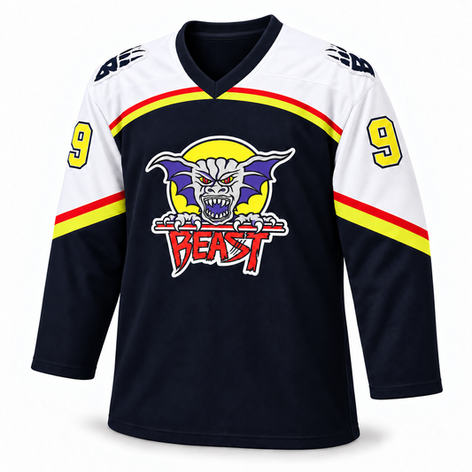 Beast of New Haven dark jersey front with claw-B shoulder logos, arched red and yellow chest stripes and number 9