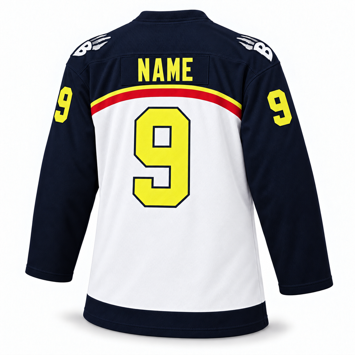Beast of New Haven white jersey back with yellow NAME and yellow block number 9 outlined in navy