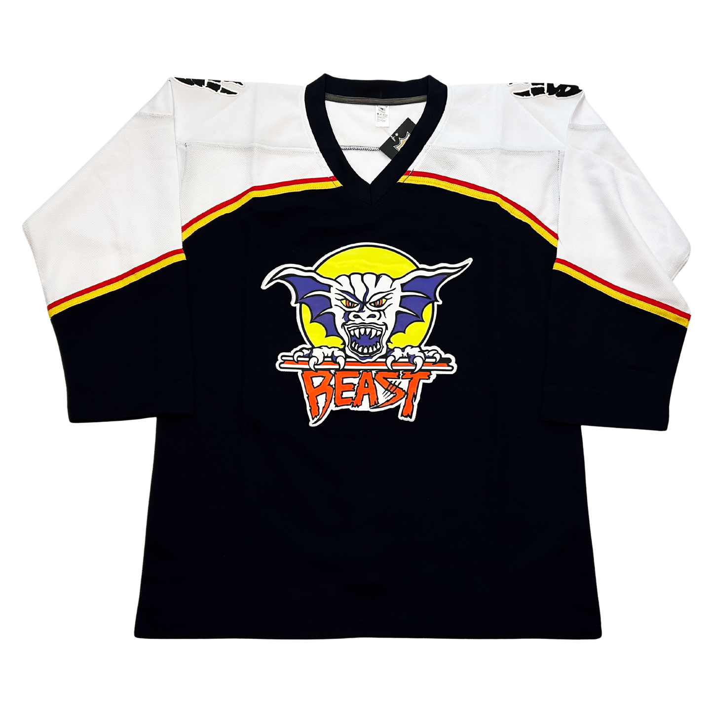 Beast of New Haven Jersey black with white shoulders. Red and gold band between white and black parts of jersey. Beast logo in center. Yellow circle with demon face with purple ears. Beast on red underneath Royal Retros