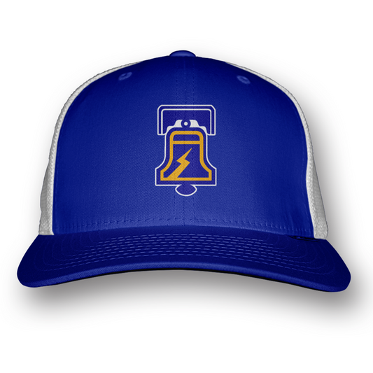 Philadelphia Bell Trucker Hat Royal bill and panel. White mesh back. Liberty bell logo, blue, with white and gold. Royal Retros