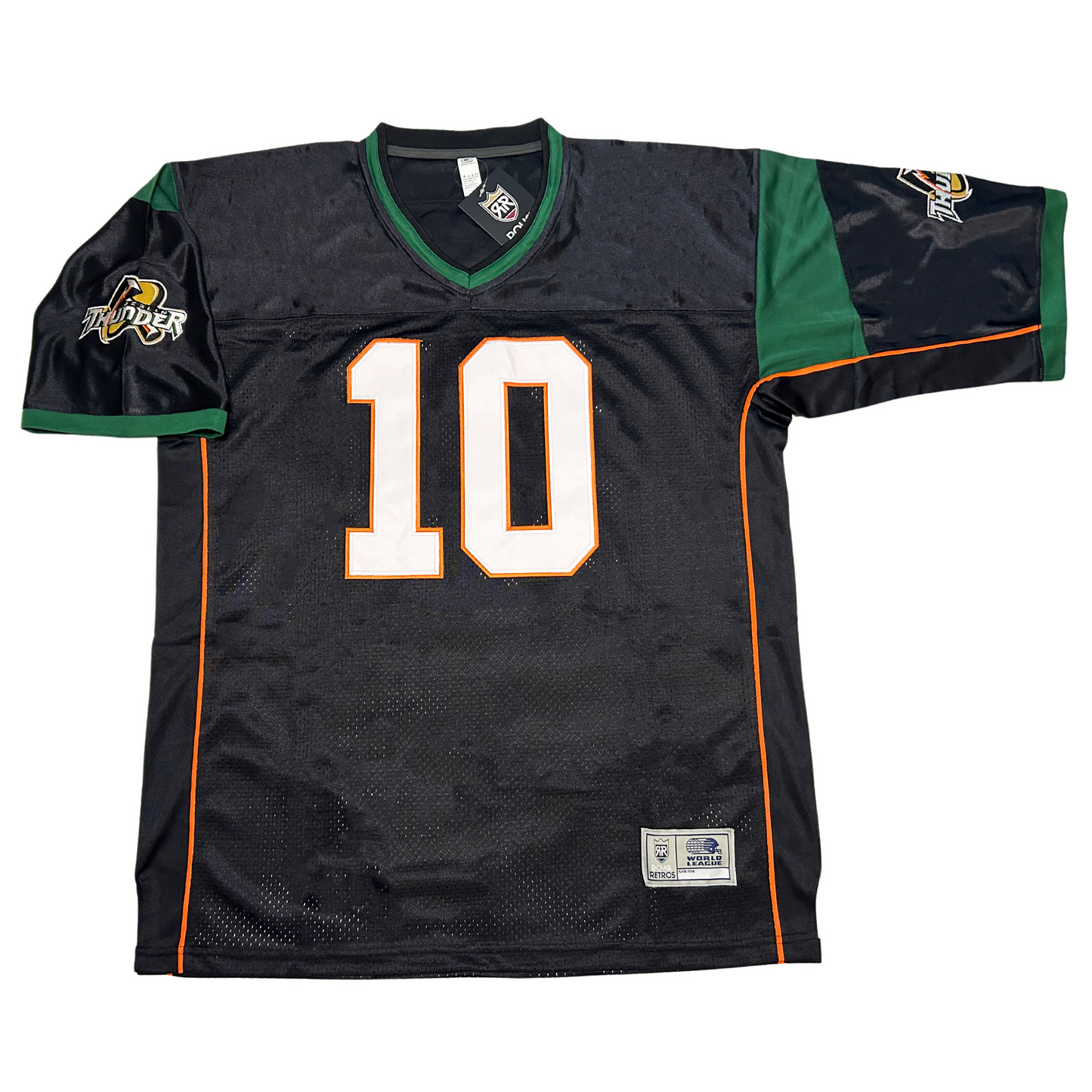 Berlin Thunder WLAF Jersey black. Green collar. Green bands at shoulders, smaller at sleeve ends. Orange pinstripe up side. White #10 with orange trim large on chest.  Royal Retros