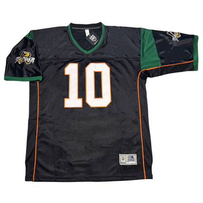 Berlin Thunder WLAF Jersey black. Green collar. Green bands at shoulders, smaller at sleeve ends. Orange pinstripe up side. White #10 with orange trim large on chest.  Royal Retros