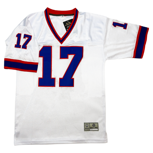 Buffalo Bills jersey white. Red, blue, and red bands on neck and sleeve ends. #17 in blue with red trim large on chest, small on shoulders. Royal Retros