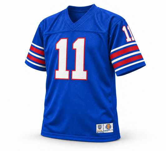 Birmingham Americans Vulcans WFL jersey, royal blue front, white number 11 with red outline