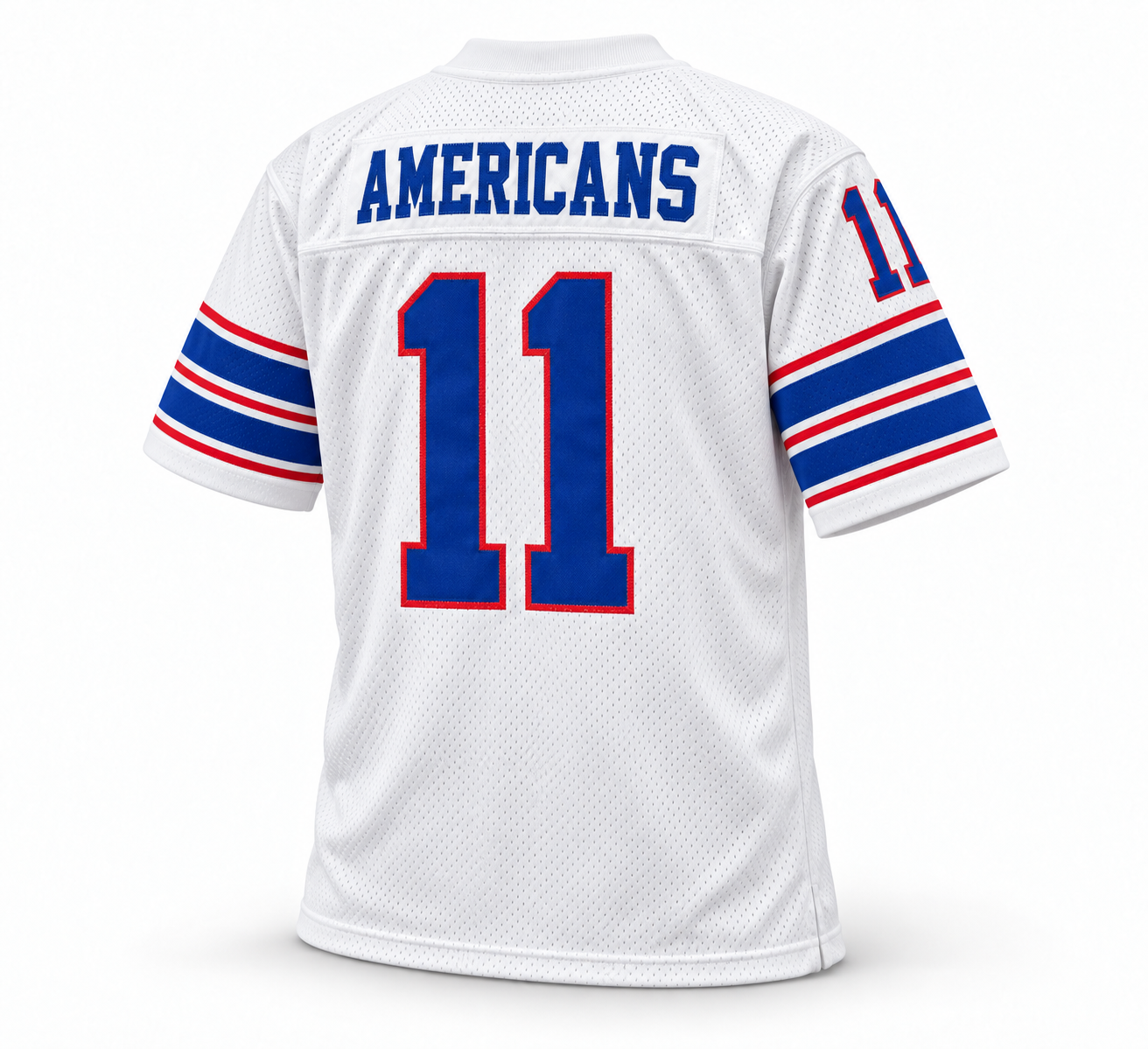 Birmingham Americans Vulcans WFL jersey, white back, AMERICANS name and royal blue number 11 with red outline