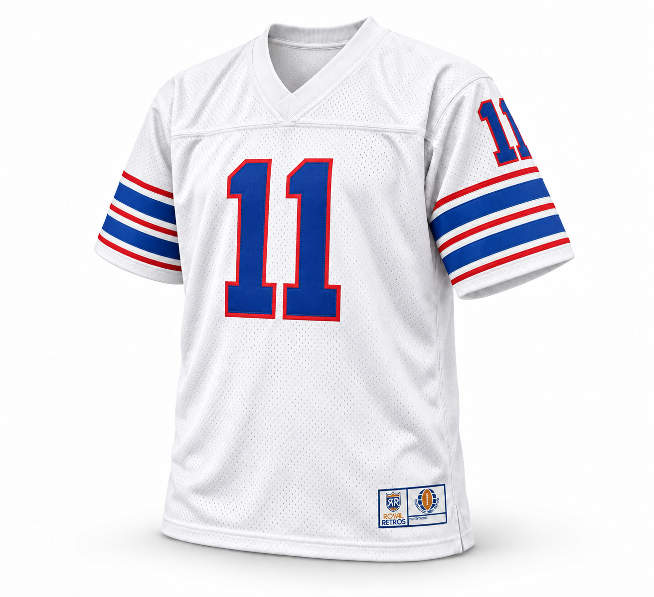 Birmingham Americans Vulcans WFL jersey, white front, royal blue number 11 with red outline