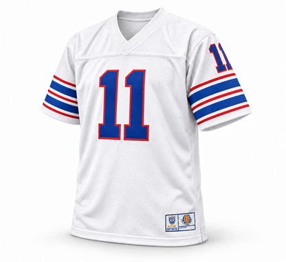 Birmingham Americans Vulcans WFL jersey, white front, royal blue number 11 with red outline