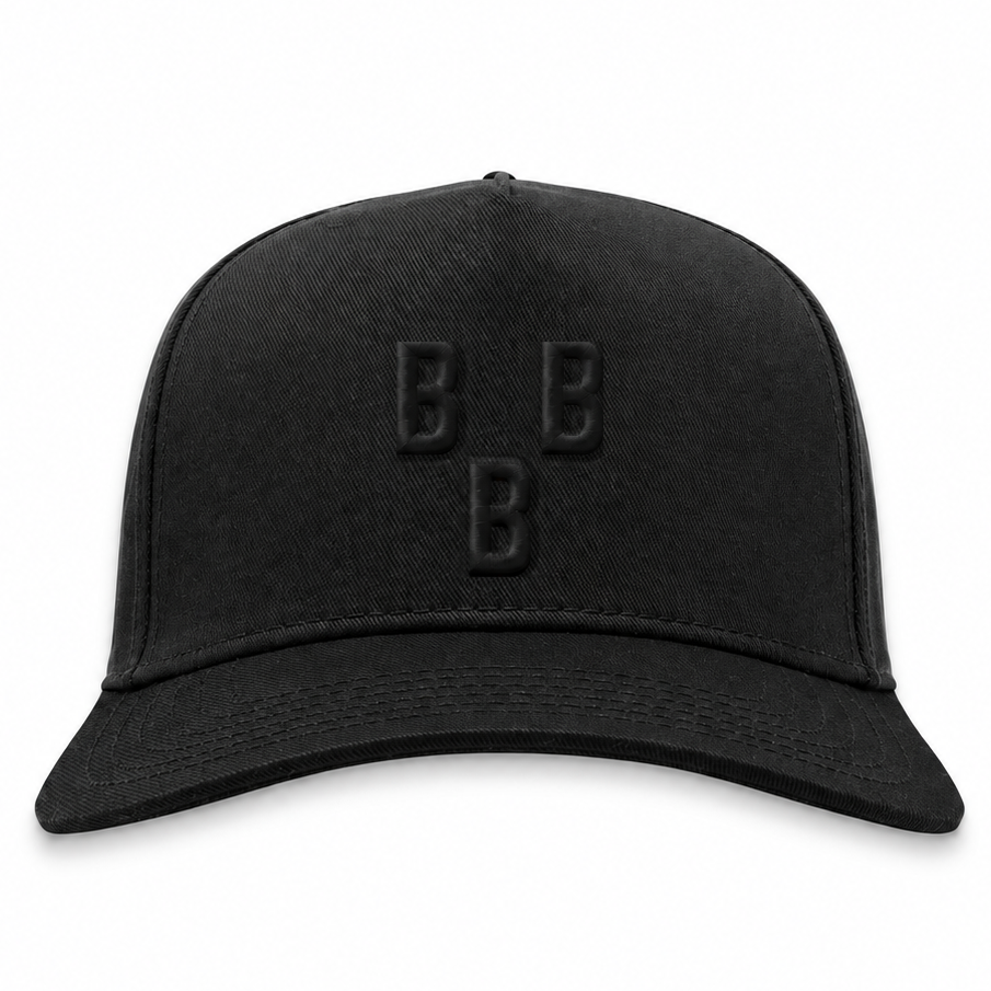 Birmingham Black Barons blackout snapback hat with tonal black 3D puff BBB embroidery, front view