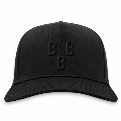 Birmingham Black Barons blackout snapback hat with tonal black 3D puff BBB embroidery, front view