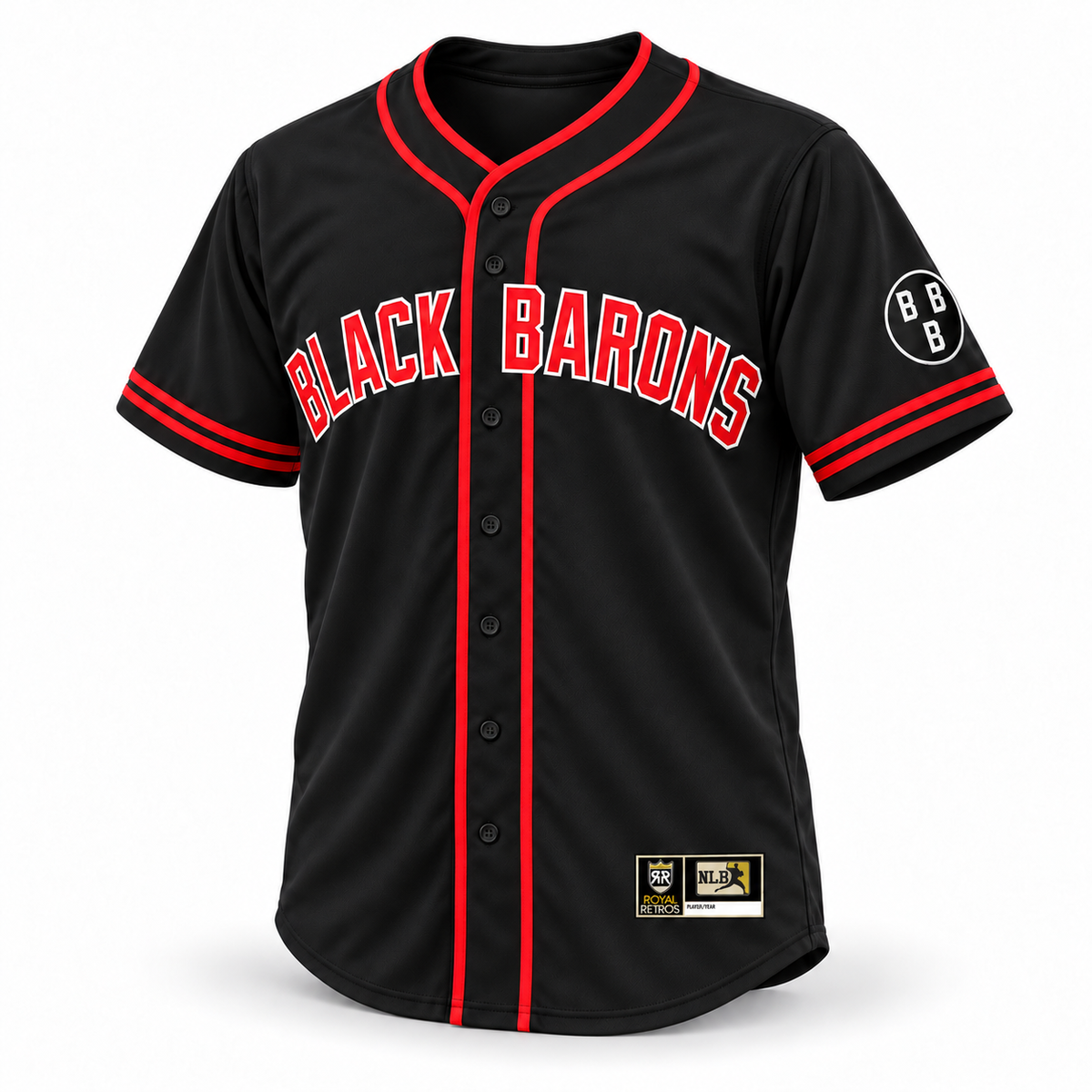 Birmingham Black Barons NLB Remix Jersey — black front with red and white lettering, double red trim, and BBB left sleeve patch